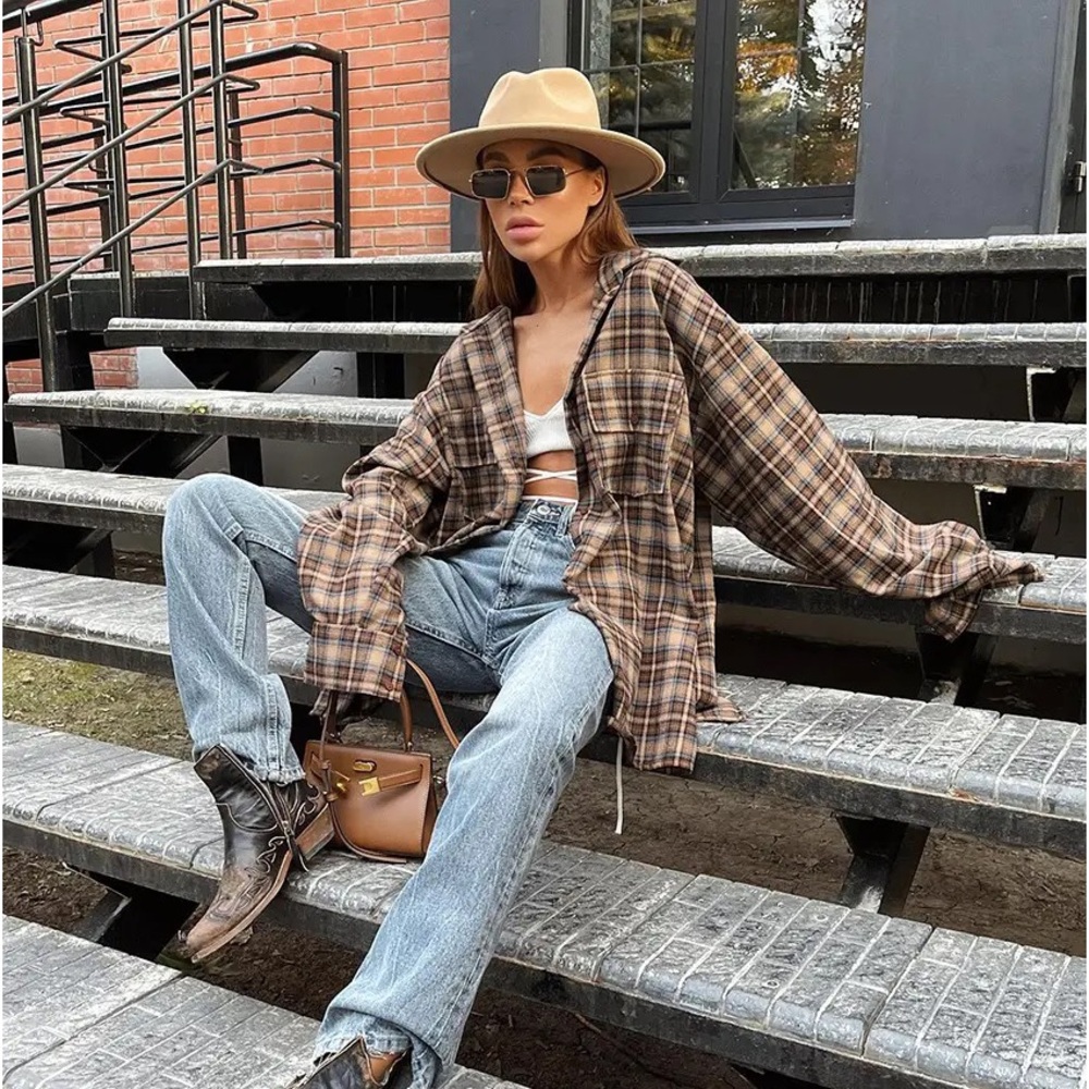 #5 LAST 1! 90s Oversized brown Plaid Flannel button Influencer soft long sleeve - Picture 5 of 9